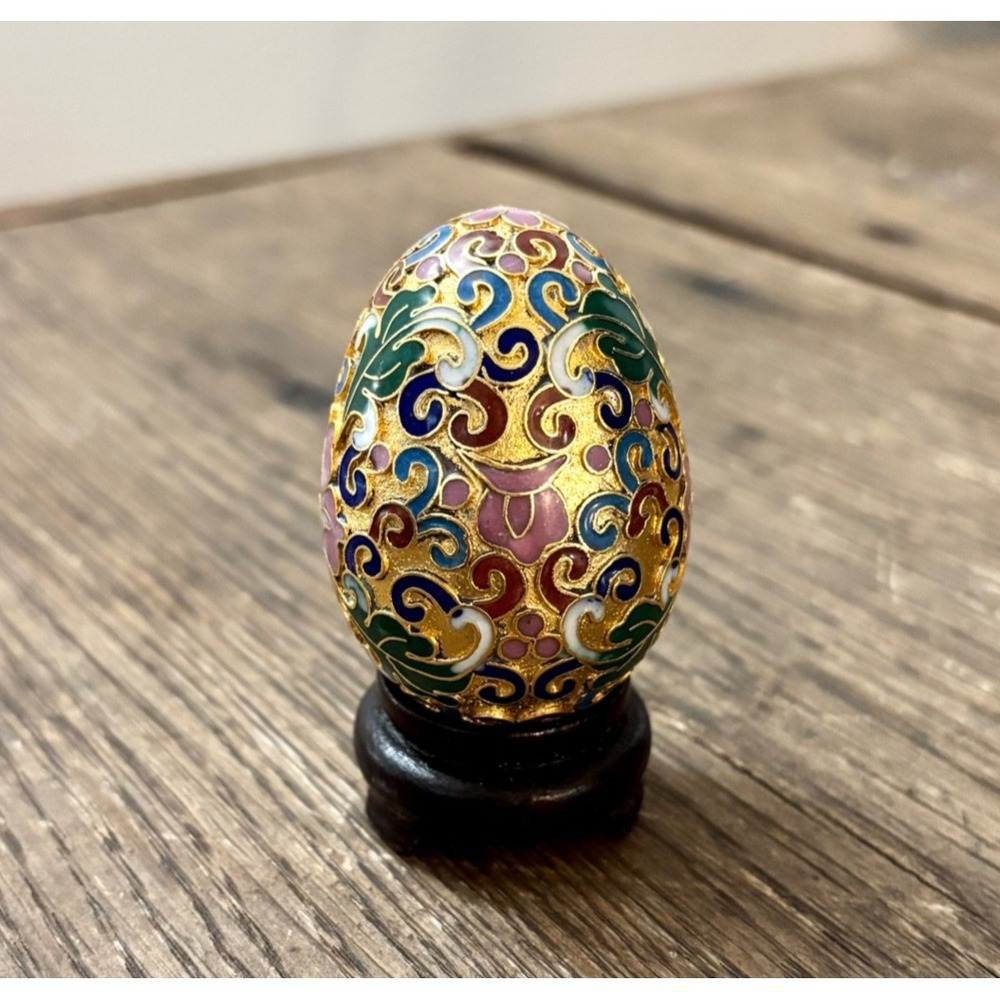 Vintage Chinese Cloisonné Egg Ornament Floral Gold Hand Painted Enamel 1940's
